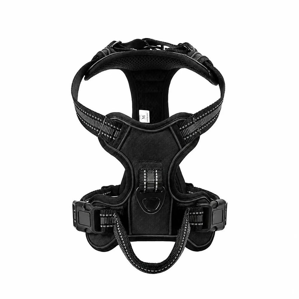A black dog harness with padded mesh and fabric panels, adjustable straps, and plastic quick-release buckles, shown against a plain white background.